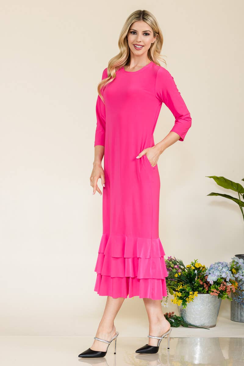 Celeste Clothing – Großhandel Kleid – Damen – Großgrößen-Midikleid mit gestuften Rüschen und 3/4-Ärmeln8