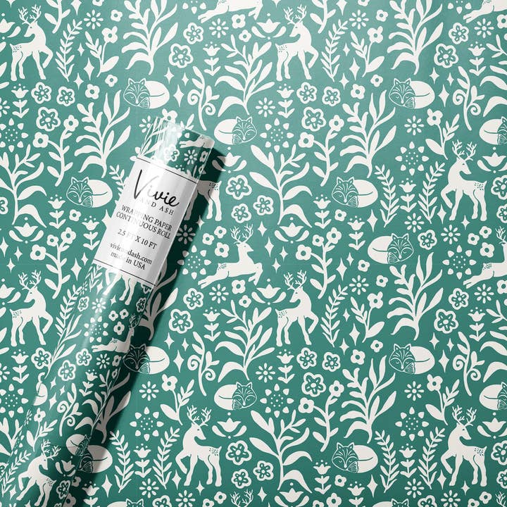 Green and White Forest Friends Christmas Wrapping Paper Roll for wholesale by Vivie and Ash