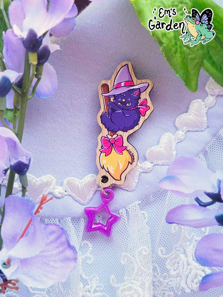 Kitty Witch Woodcut Art Lapel Pin with Charm for wholesale by Em's Garden
