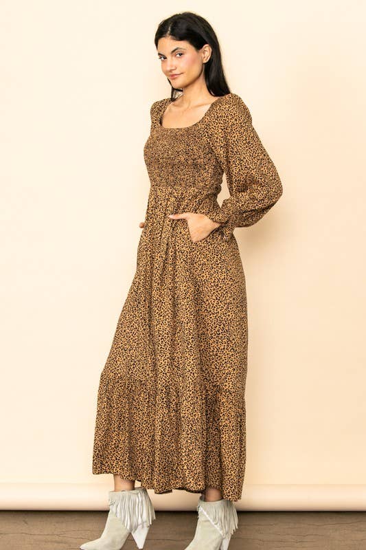 Elloh Collection - Wholesale Dress - Women's - Flowy Leopard Print Square Neck Smocked Maxi Dress w Pockets1