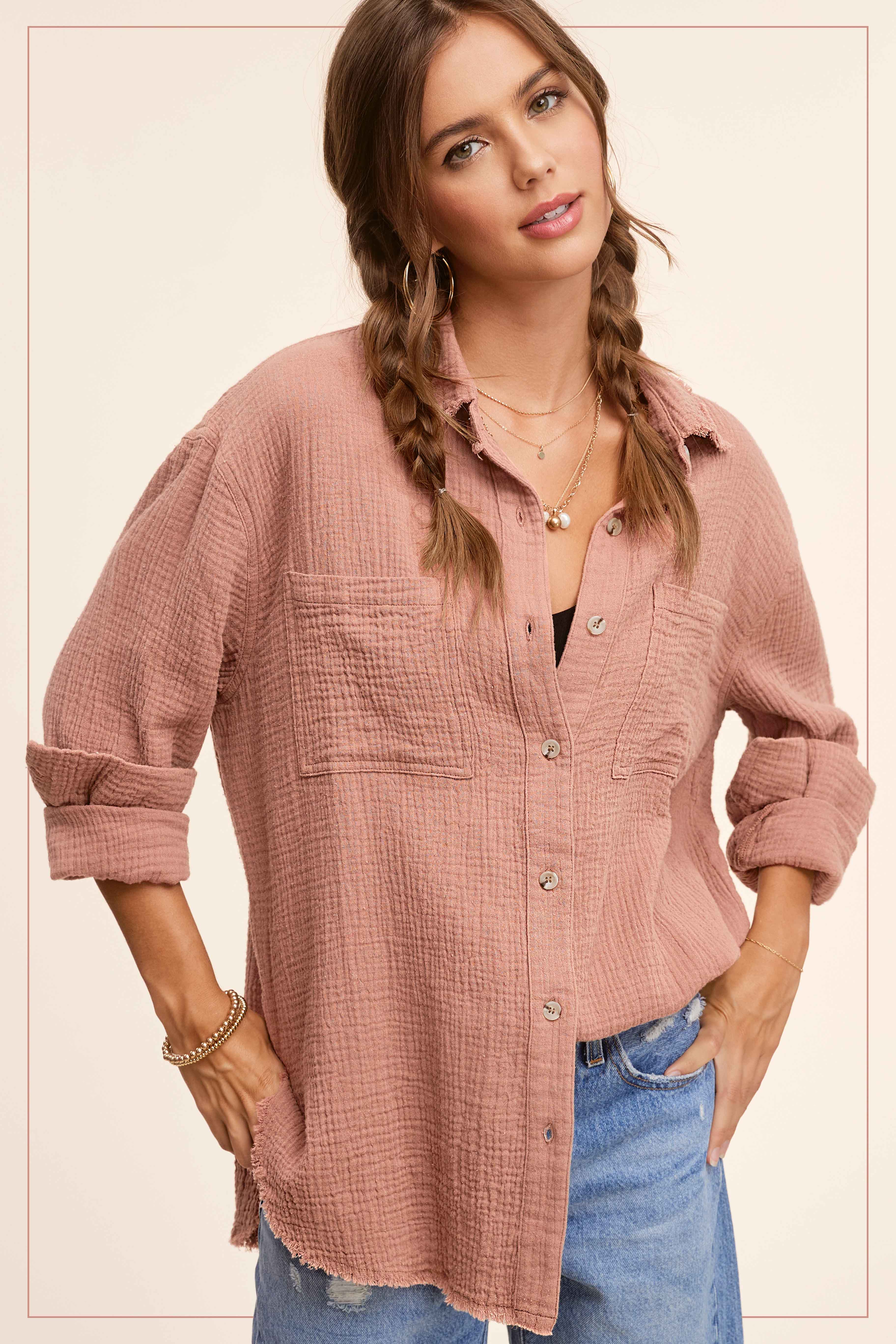 La Miel - Wholesale Button Down Shirt - Women's - SRT7448-Soft Washed Crinkled Gauze Button Down Shirts36