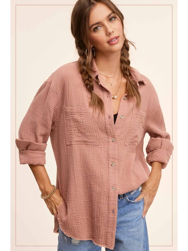 La Miel - Wholesale Button Down Shirt - Women's - SRT7448-Soft Washed Crinkled Gauze Button Down Shirts36
