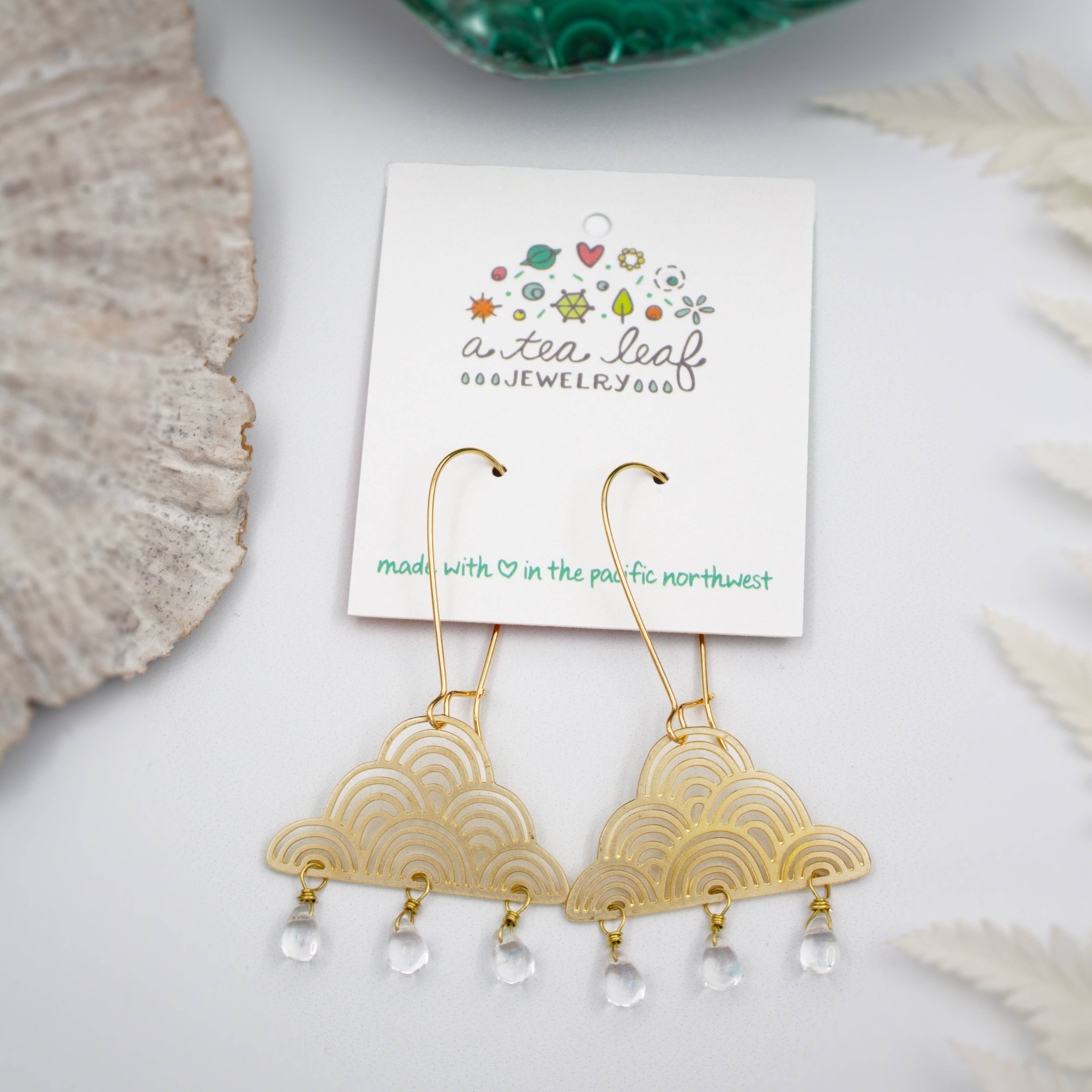 Gold Rain Cloud Earrings with Czech Glass Raindrop Beads for wholesale on Faire1