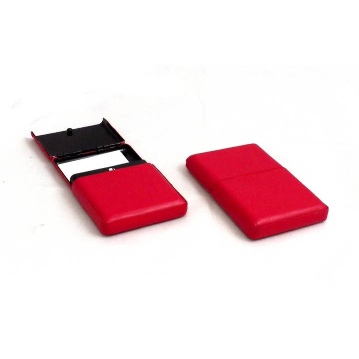 Red Leather Business Card Case with Flip Top. for wholesale by BeyBerk International