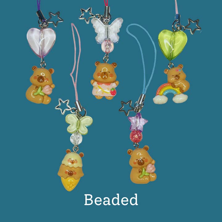 Faebelle Haven - Wholesale Keychain – Women's - Capybara Tech Charm - Beaded & Strawberry | Cute Kawaii Keychain Phone Accessory1