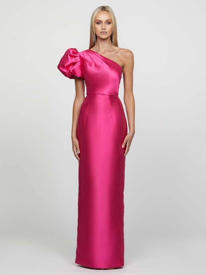 FUCHSIA MARCHESA ONE SHOULDER GOWN B65D18L for wholesale on Faire