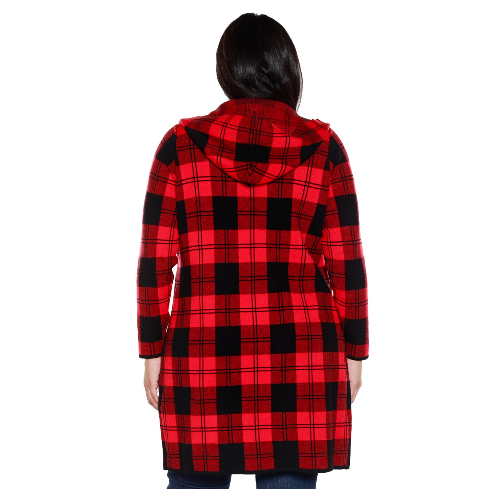 Belldini - Wholesale Cardigan - Women's - Plus Size Hooded Checkered Plaid Coatigan Sweater4