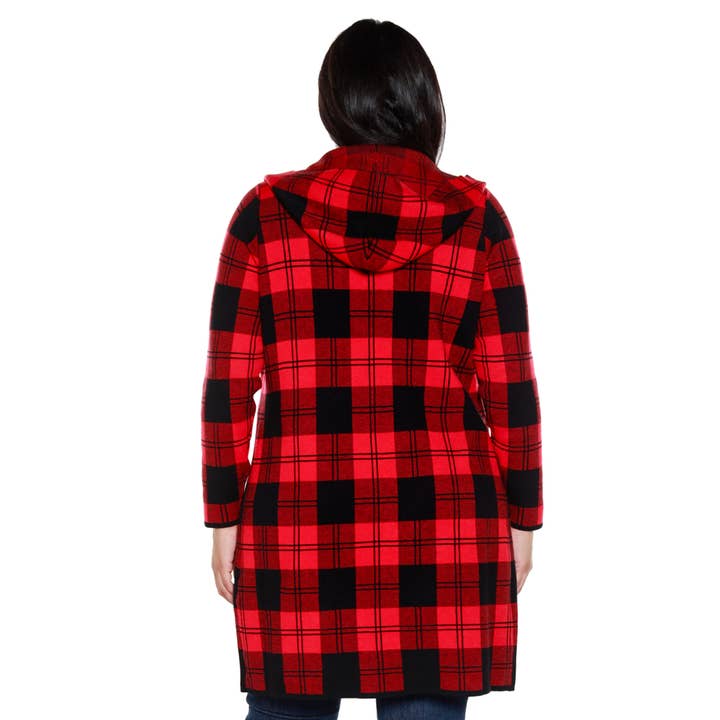 Belldini - Wholesale Cardigan - Women's - Plus Size Hooded Checkered Plaid Coatigan Sweater4