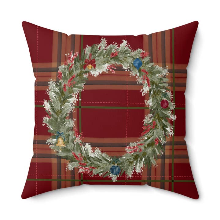 Christmas Wreath Plaid Pillow for wholesale by MagicMerchEmporium