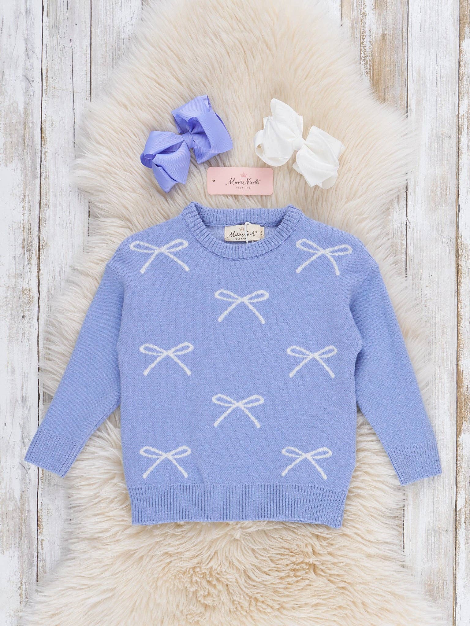 Marie Nicole Clothing - Wholesale Knit Sweater - Kids - Periwinkle Sweet Ribbon Sweater0