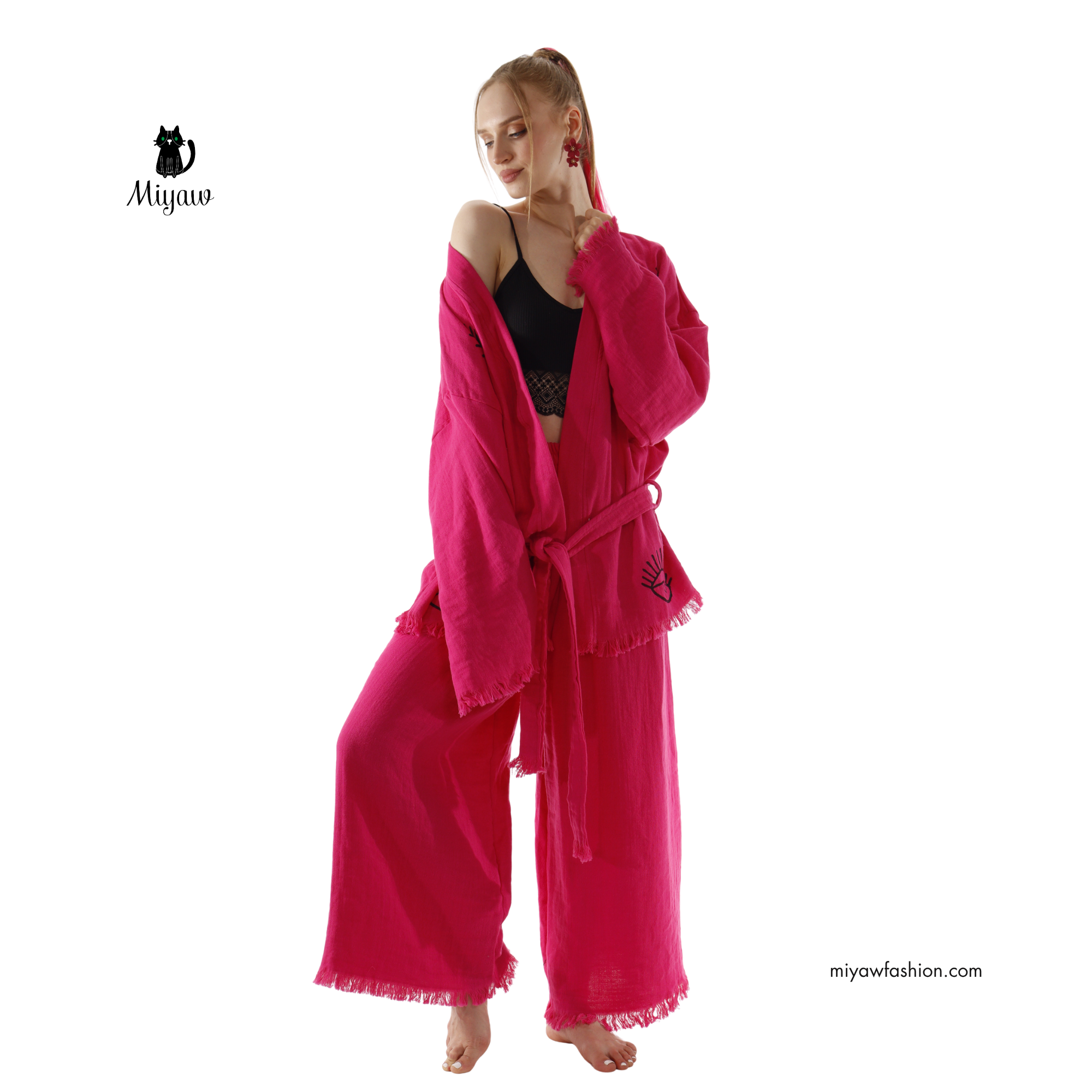 Fuchsia Bomuldspyjamasæt, lyserøde pyjamasæt, bomuldsloungesæt for engroshandel på Faire1