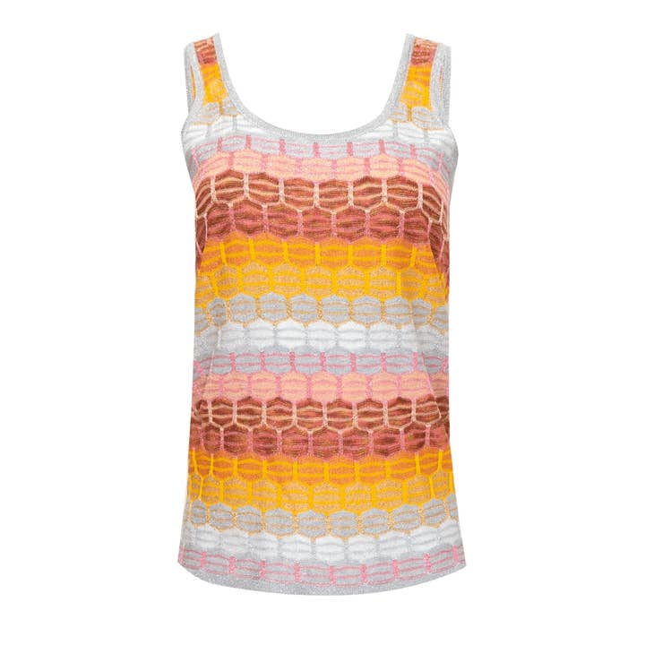 STRIPED TANK TOP IN HONEYCOMB KNIT SILVER/RED RANGE for wholesale by Ruth Erotokritou Knitwear