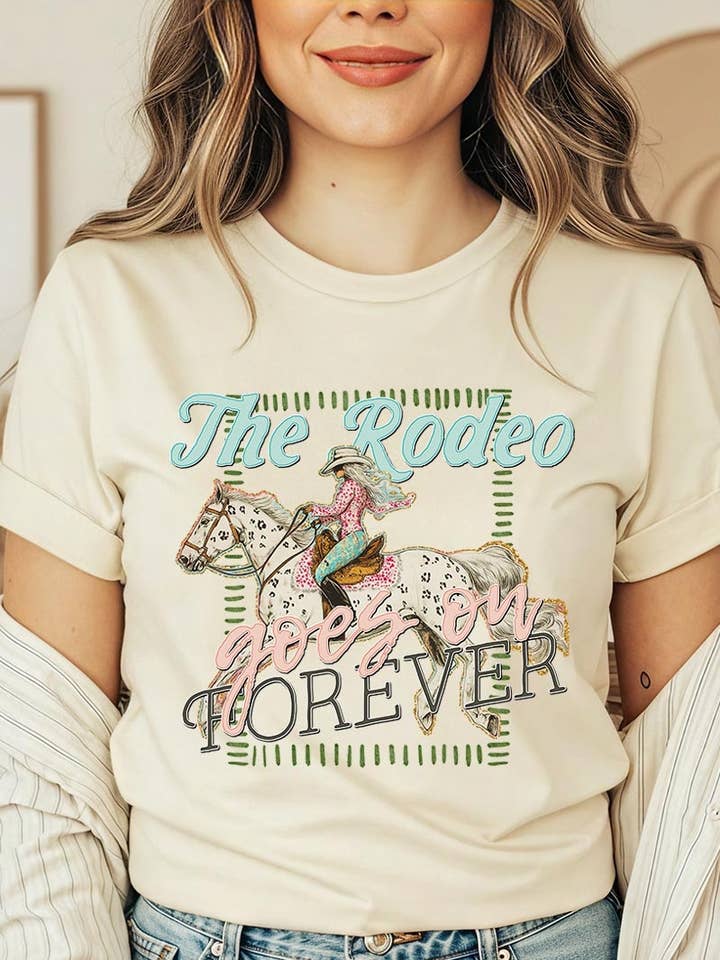 The Rodeo Goes On Forever Graphic Plus Tee for wholesale by Pink Irene Wholesale