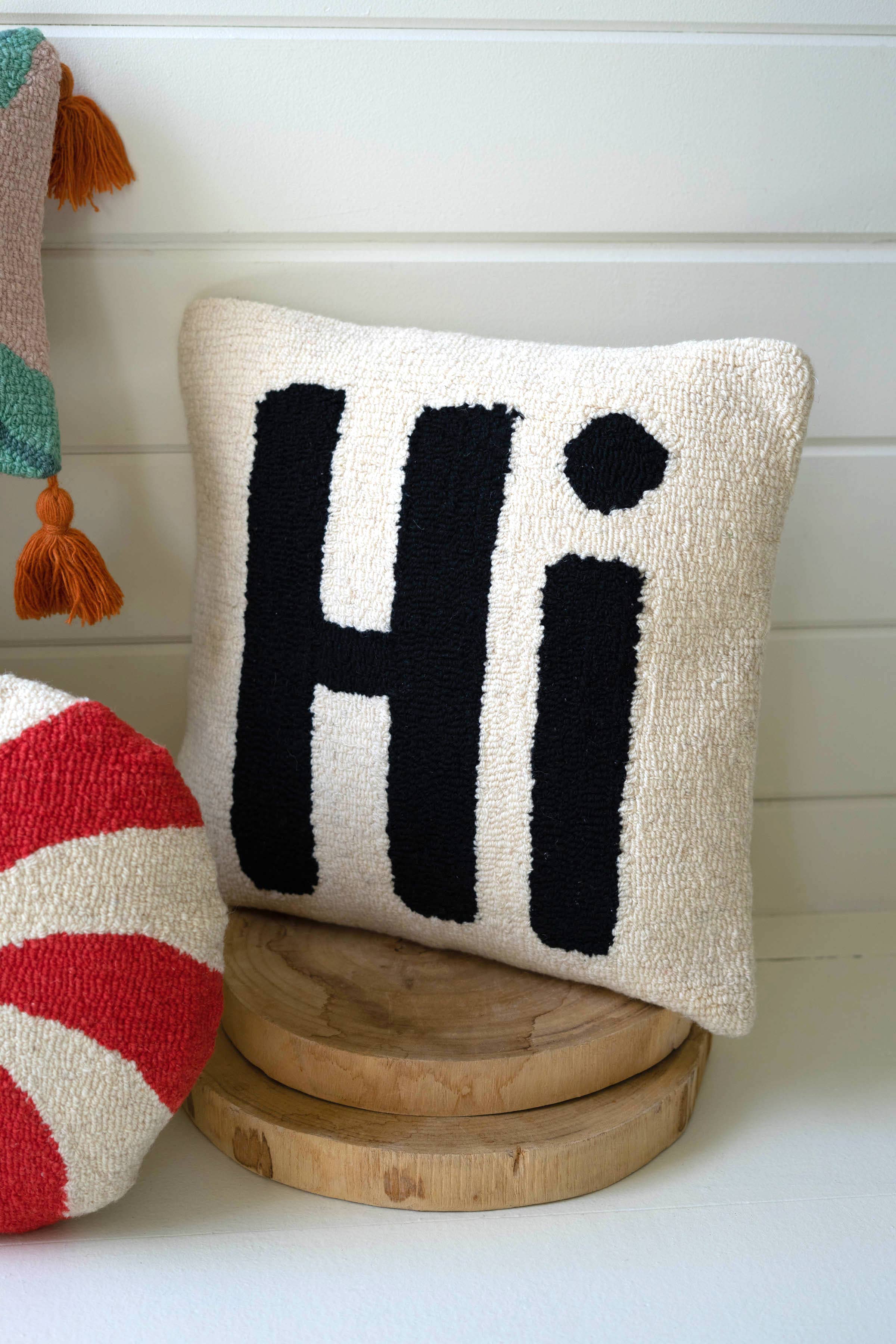 Black “Hi” HAND-HOOKED PILLOW for wholesale on Faire1