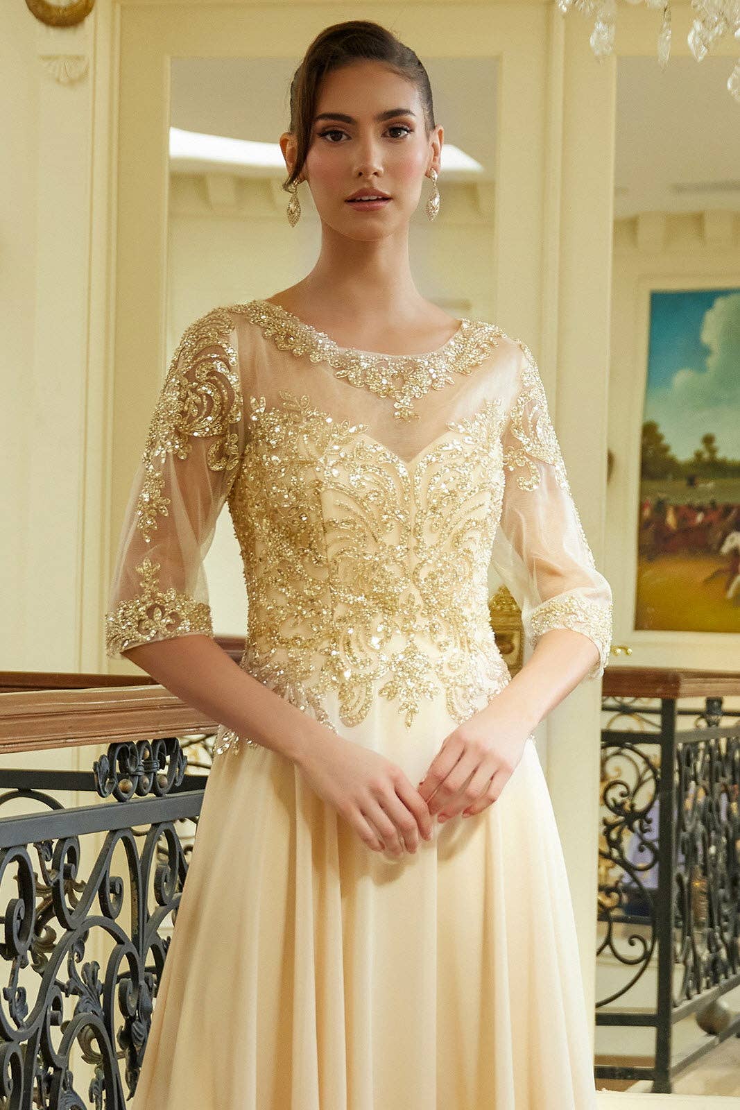 SMC Fashion - Wholesale Gown - Women's - Bead sequin embellished 1 2 sleeve mesh bodice with chiffon skirt GLGL35996