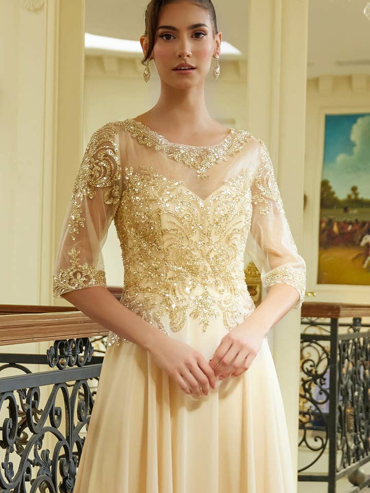 SMC Fashion - Wholesale Gown - Women's - Bead sequin embellished 1 2 sleeve mesh bodice with chiffon skirt GLGL35996