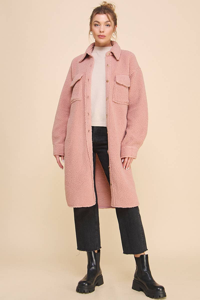 Dusty Rose Long Sherpa Shacket with Pockets for wholesale on Faire17