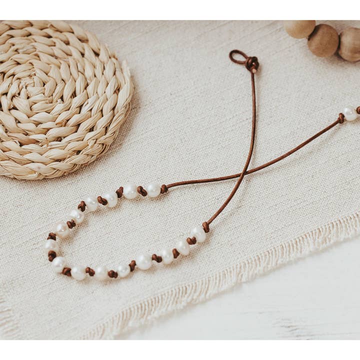 Leather and Pearl Station Necklace for wholesale by The Rustic Boho Chic