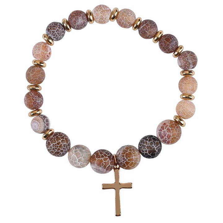 Bracelet extensible pierres brunes avec croix pour la vente par Magnolia