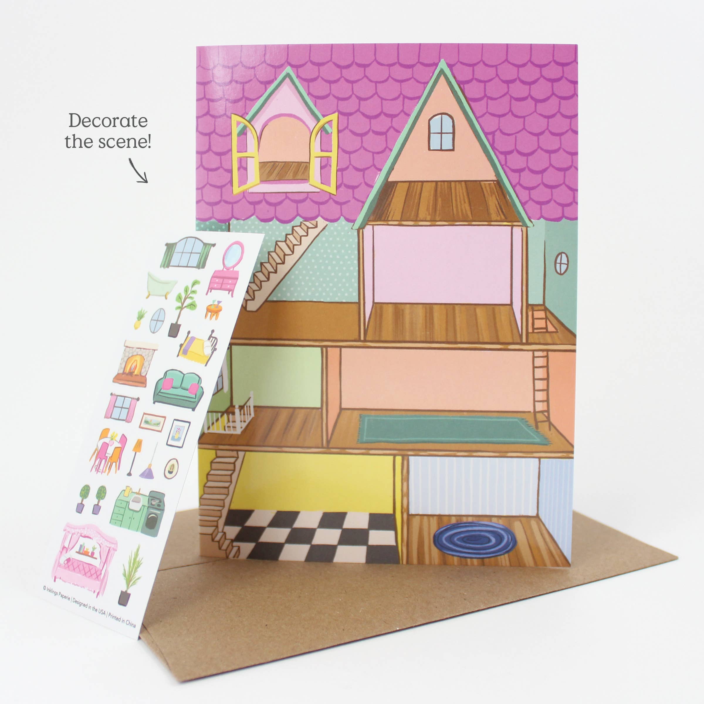 Inklings Paperie - Wholesale Everyday Greeting Card - Sticker Scene Card - Dollhouse7
