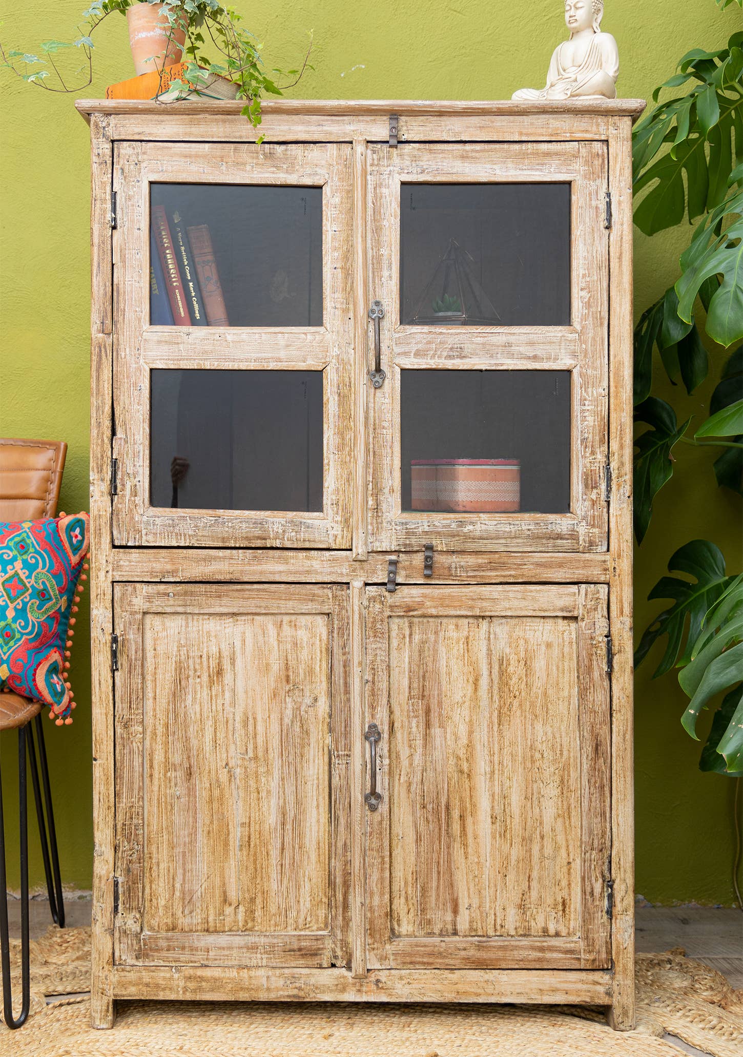 Namaste – wholesale Cabinet – Vintage Wood & Glass 3 Door, 1 Shelf Cabinet0