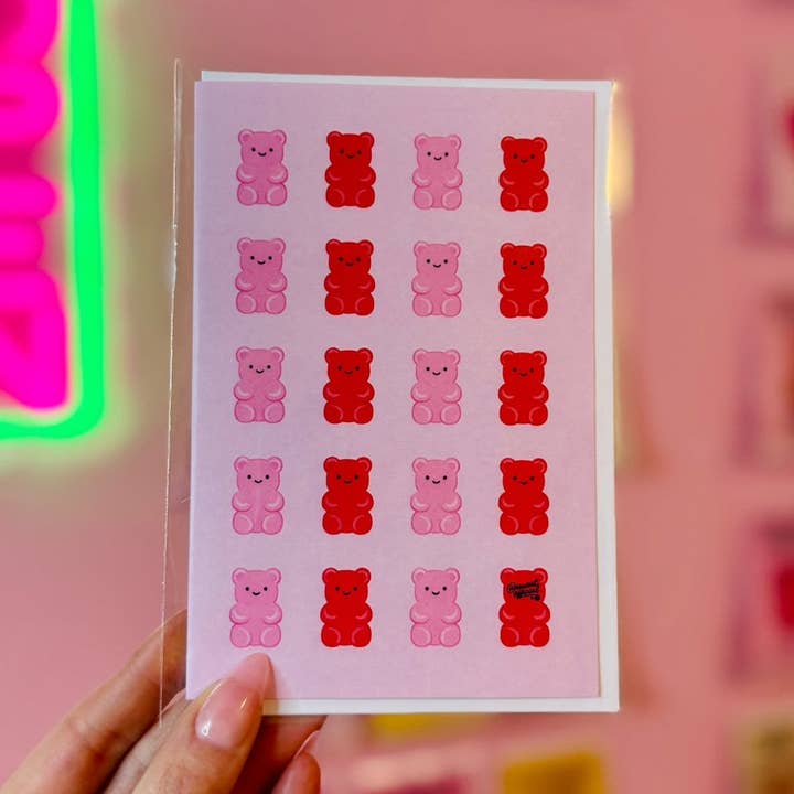 Cute Gummy Bear Pattern Card: Pink & Red Candy Bears, Fun Y2K Stationery, Sweet Aesthetic Card for wholesale by Hot Mess Paper Co.