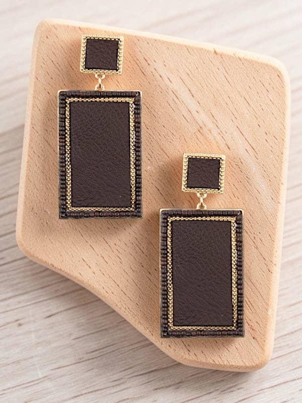 FAUX LEATHER RECTANGULAR BEAD FRAMED DROP EARRING for wholesale by LA Bijoux