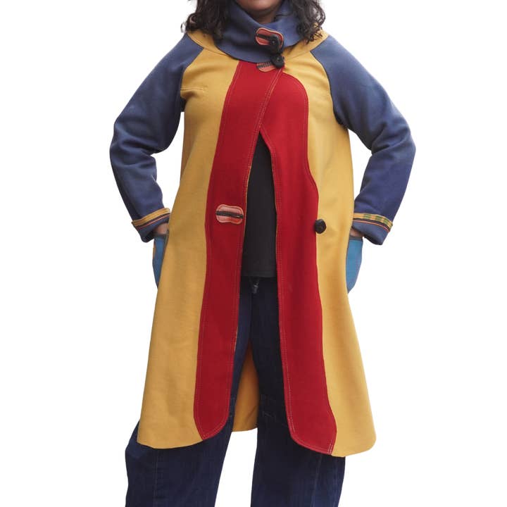 Red Yellow and Blue Boiled Wool 3/4 Length Lightweight Coat by Pepin Designs for wholesale by sariKNOTsari