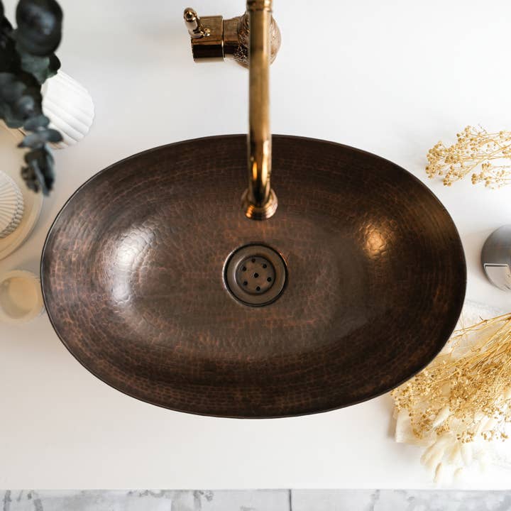 ANATOLIACRAFT - Venta al por mayor Conjunto de accesorios de baño - Lavabo ovalado de cobre oscuro martillado a mano - Fregadero de cocina y baño de cobre estilo rústico.