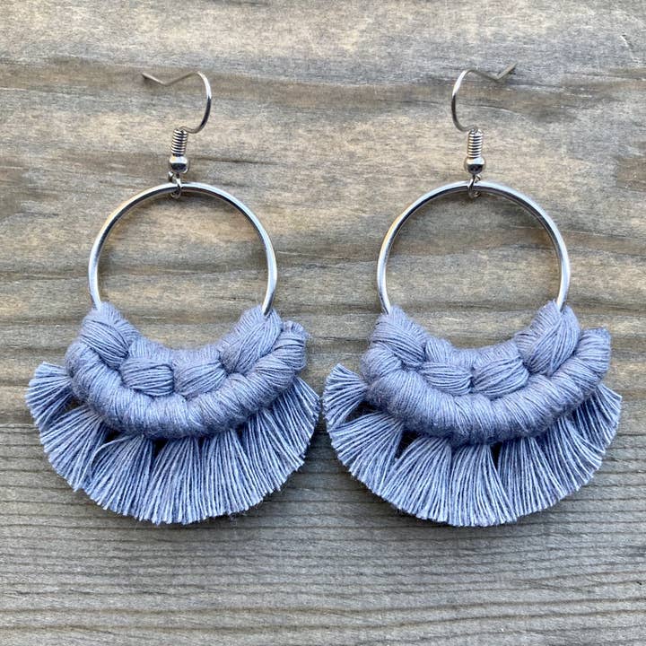 Small Round Fringe Earrings - Steel Gray & Silver for wholesale by HK Macrame Jewelry
