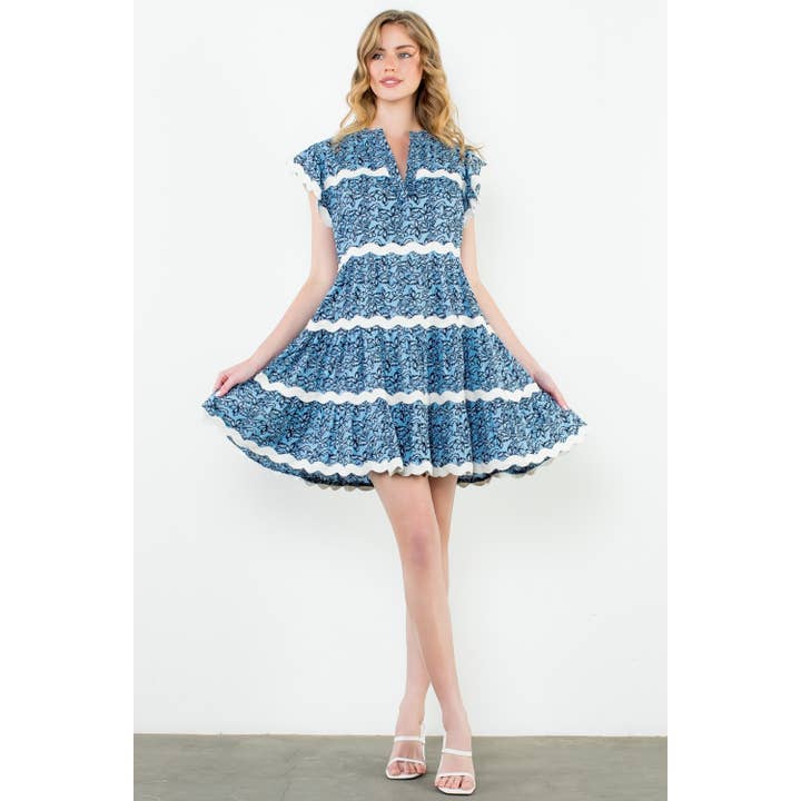 BLUE Wave Trim Flutter Sleeve Print Dress for wholesale on Faire6