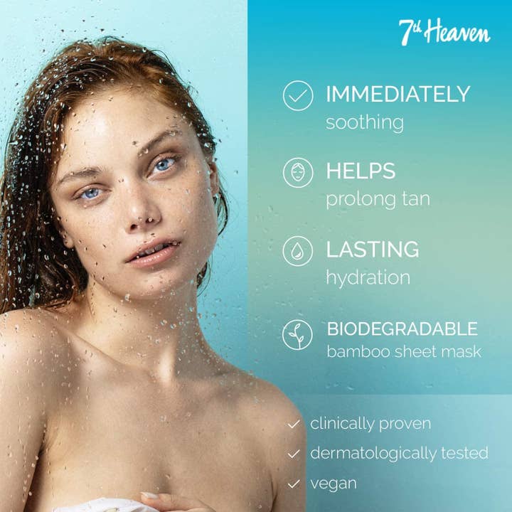 Beauty Goddess - Wholesale Skincare face mask - 7th Heaven 24 Hour Hydration After Sun Bamboo Sheet Facial Mask, Enriched with Vitamin E and Cooling Cucumber, Immediately Soothing, Clinically Proven and Dermatologically Tested4