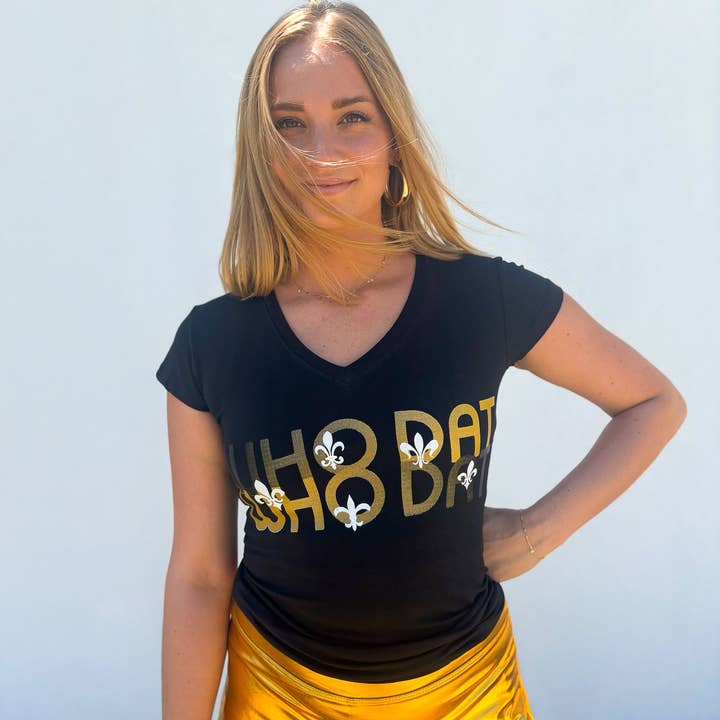 Who Dat Fleur de Lis V-Neck T-Shirt and other Purchase Wholesale who dat. Free Returns & Net 60 Terms on Faire trending on Faire.