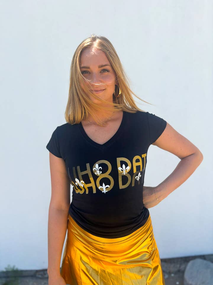 Who Dat Fleur de Lis V-Neck T-Shirt for wholesale by Mardi Gras Creations