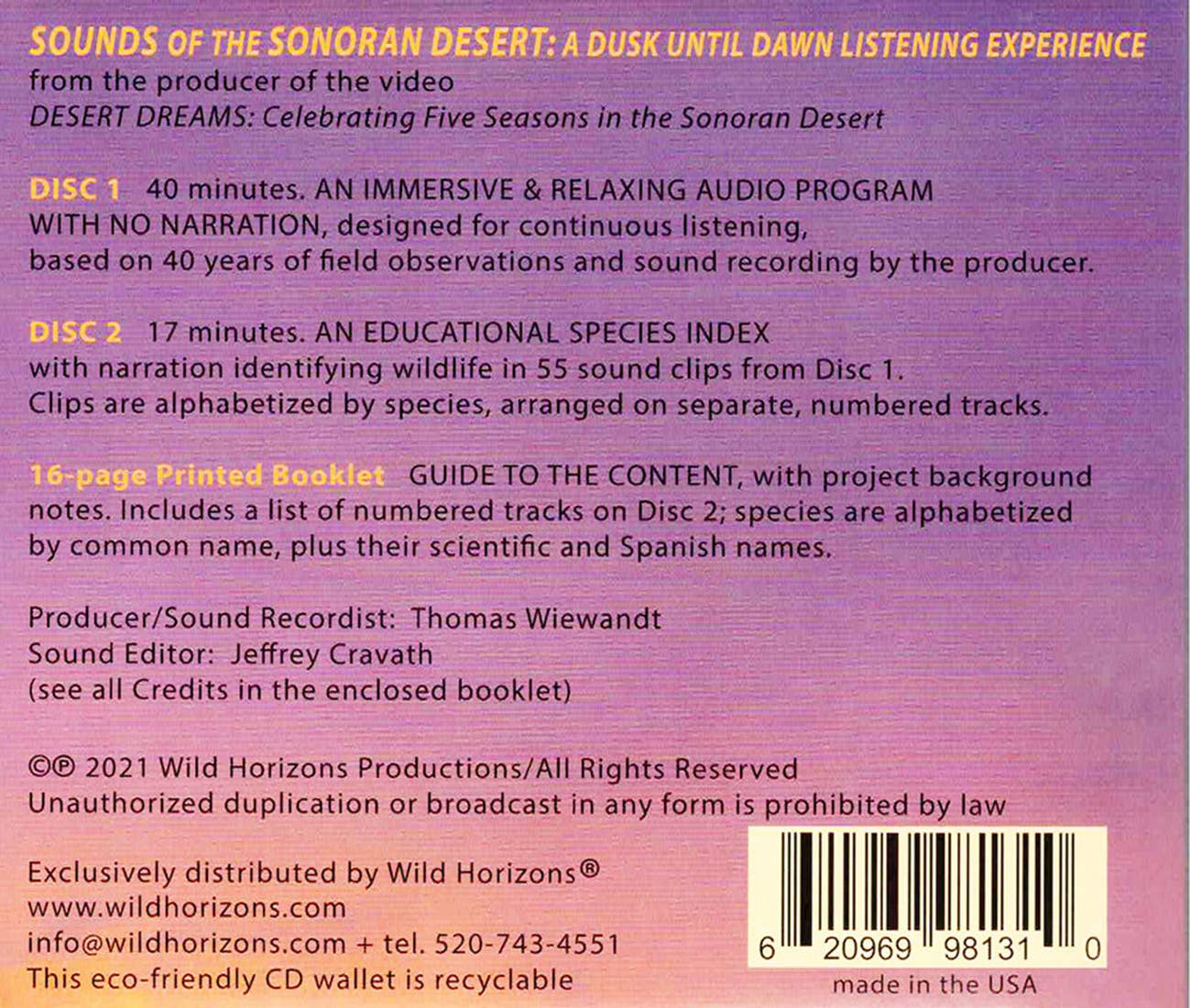Wild Horizons Productions - Wholesale DVD - 2-CD Set: SOUNDS OF THE SONORAN DESERT /Relaxation; Learning2