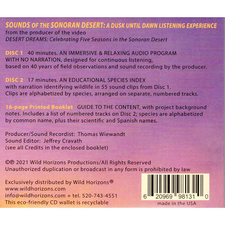 Wild Horizons Productions - Wholesale DVD - 2-CD Set: SOUNDS OF THE SONORAN DESERT /Relaxation; Learning2