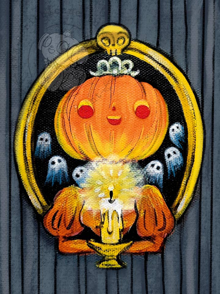 "Candle Pumpkin Girl" Original Fine Art Print by Scribble Creatures for wholesale by Scribble Creatures