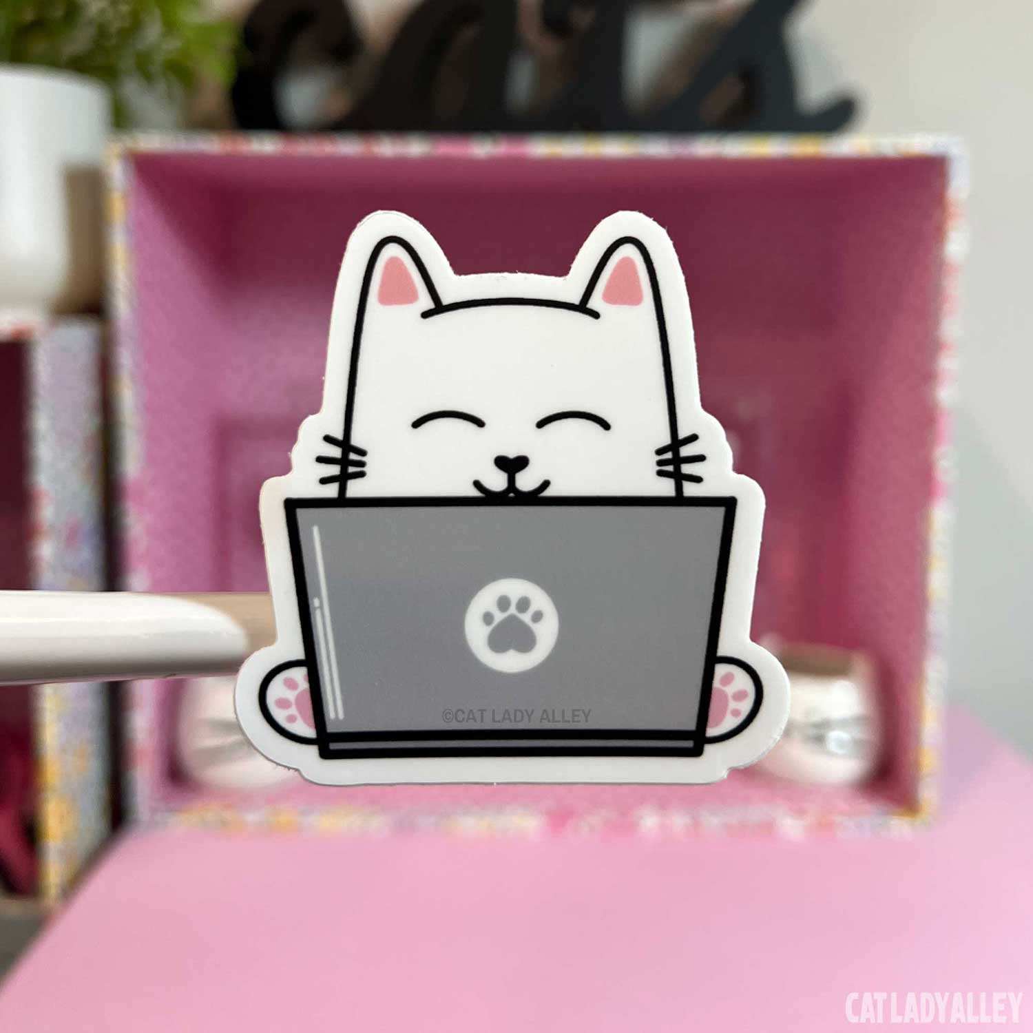 Cat Lady Alley - Wholesale Sticker - Happy Cat on Laptop Sticker1