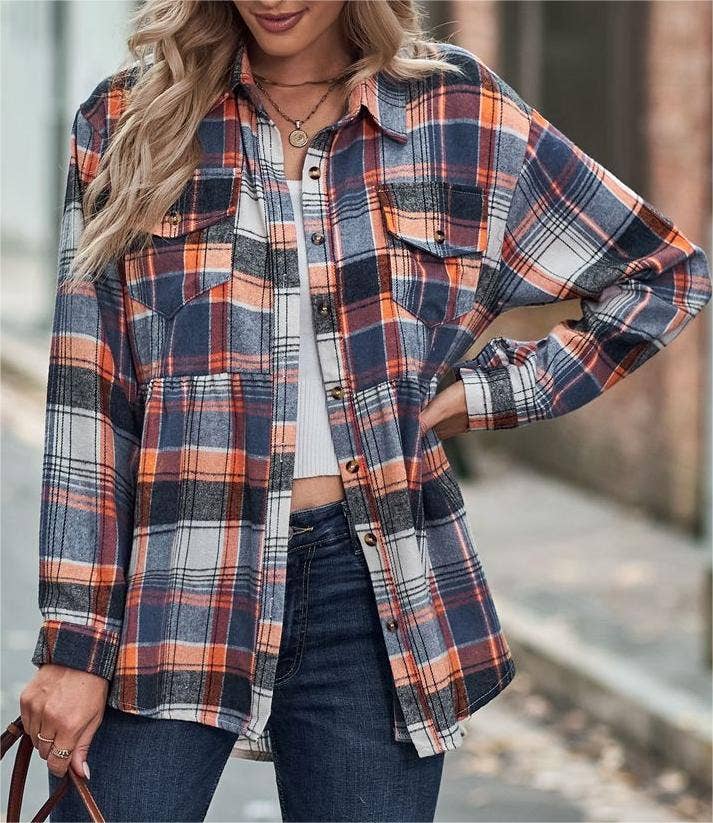 Rosa Clothing - Wholesale Button Down Shirt - Women's - Pocket long-sleeve plaid shirt jacket9