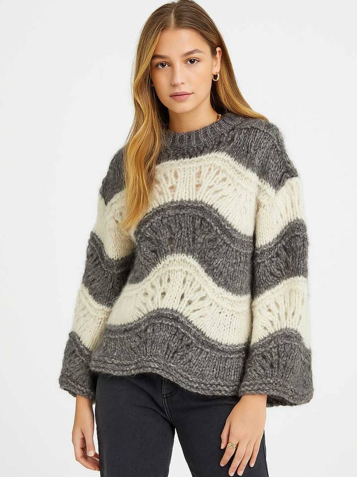 Ladies Chunky Knit Wave Striped Round Neck Sweater Top for wholesale by Sweetkama