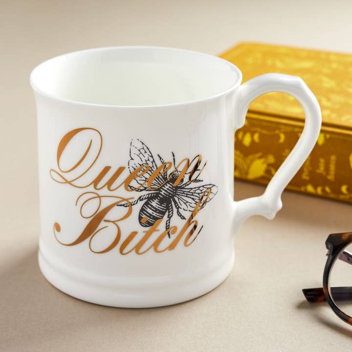 Queen B Fine Bone China Mug Gilded in 18ct Gold, Gift Boxed for wholesale by Cheeky Mare Limited