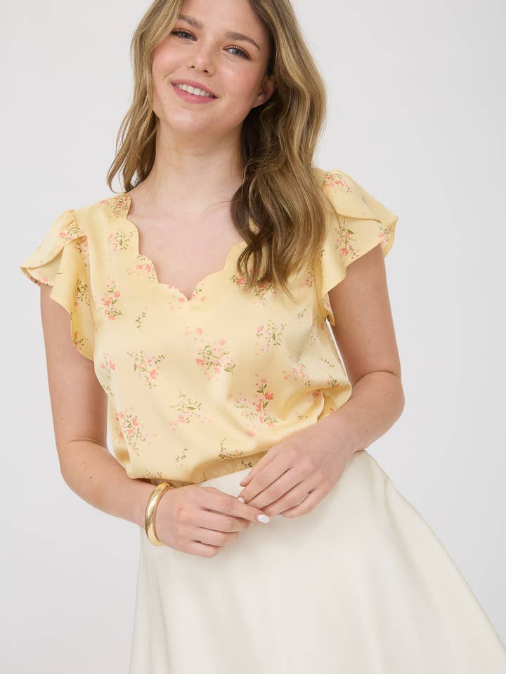 Blu Pepper - Vendita all'ingrosso Camicetta - Donna - Blusa in raso con scollo a V e stampa floreale con bordi smerlati18