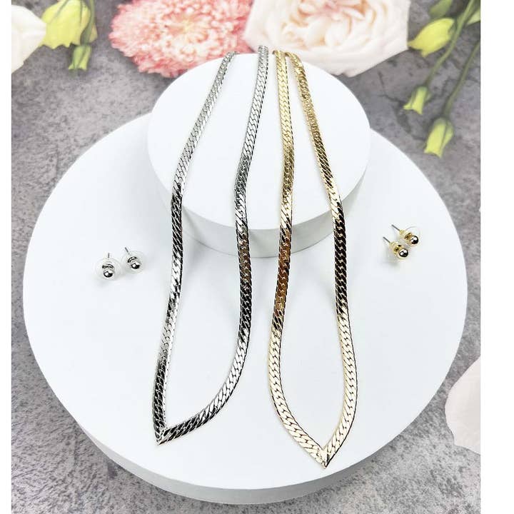 V CUT SNAKE CHAIN NECKLACE WITH EARRINGS SET for wholesale by JHP Collection