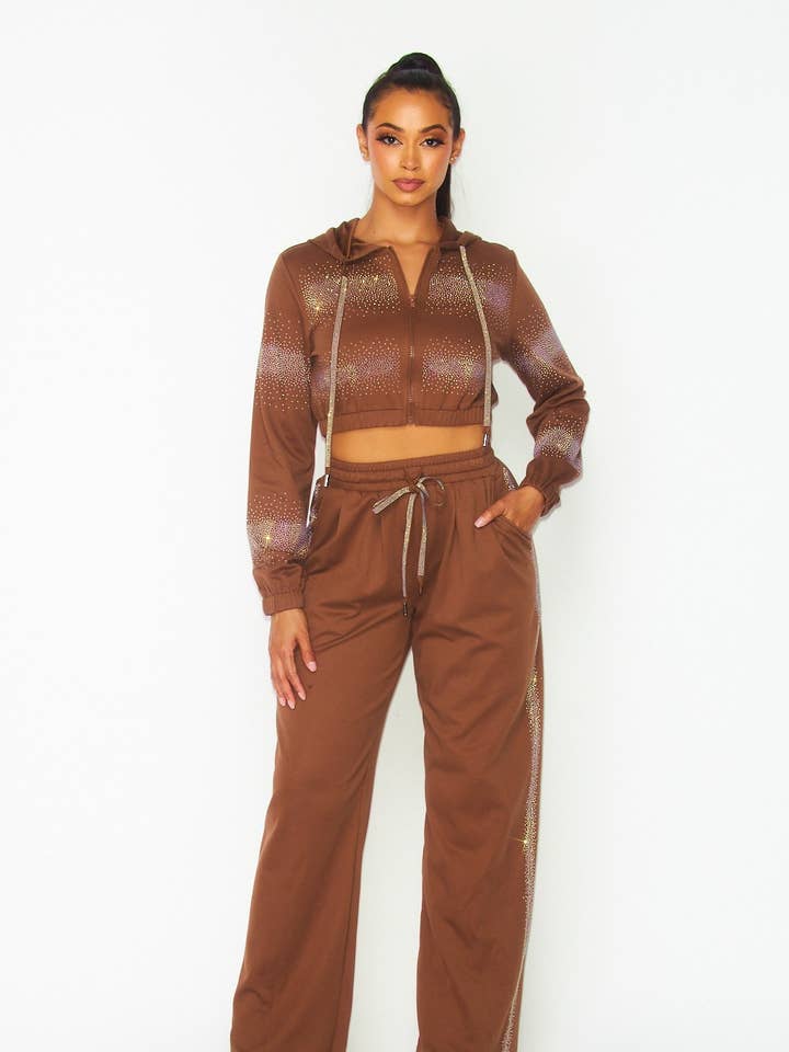 Brown Desi Embellished Rhinestone Lounge Pant Set (HGC9363) for wholesale on Faire