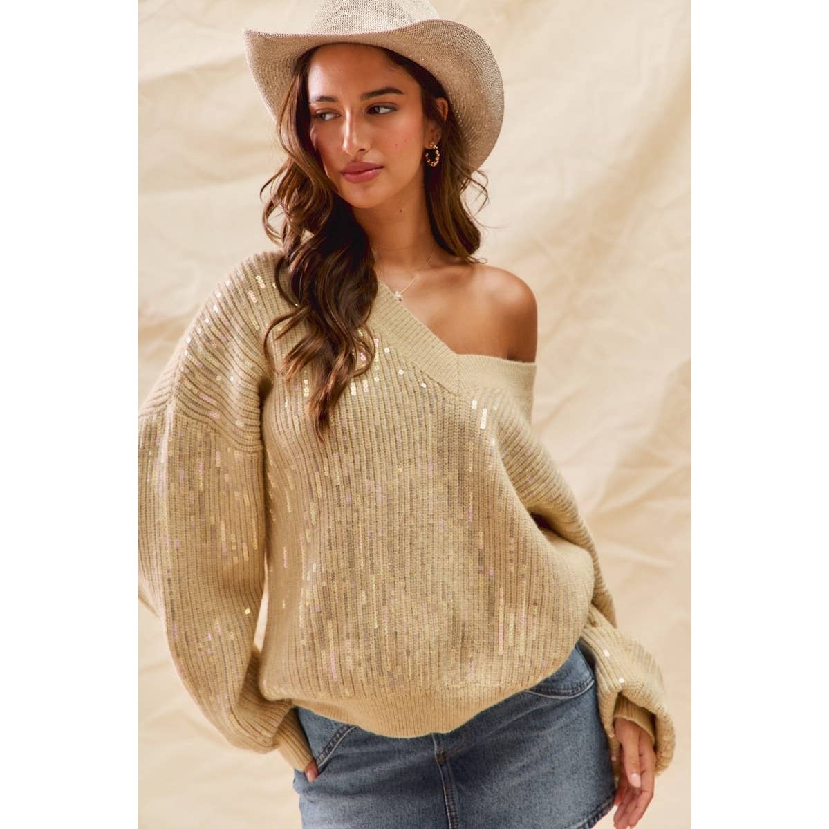 IVE - Vente Pull en maille – femme - Haut Pull de Noël à Col en V avec Paillettes Transparentes de Vacances4