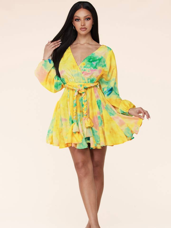 Long Sleeve Multi-Color Tie Dye Mini Dress for wholesale by The Steven Wick Company