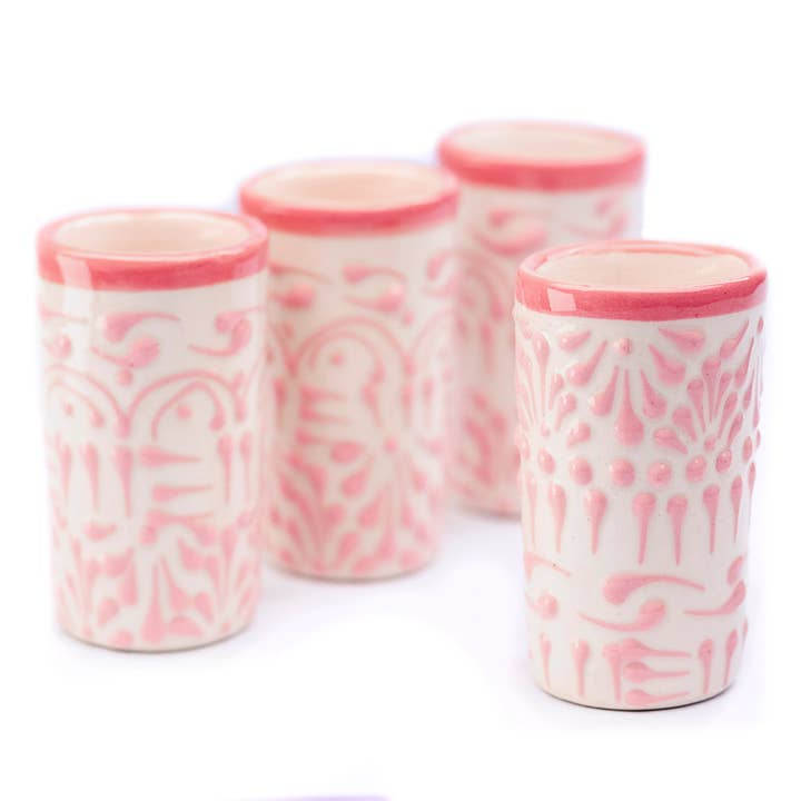 MEXTEQUIL - Wholesale Shot Glass - MEXTEQUIL Talavera Ceramic Shot Glasses - Set of 4 - 2 Oz-Pink Lace