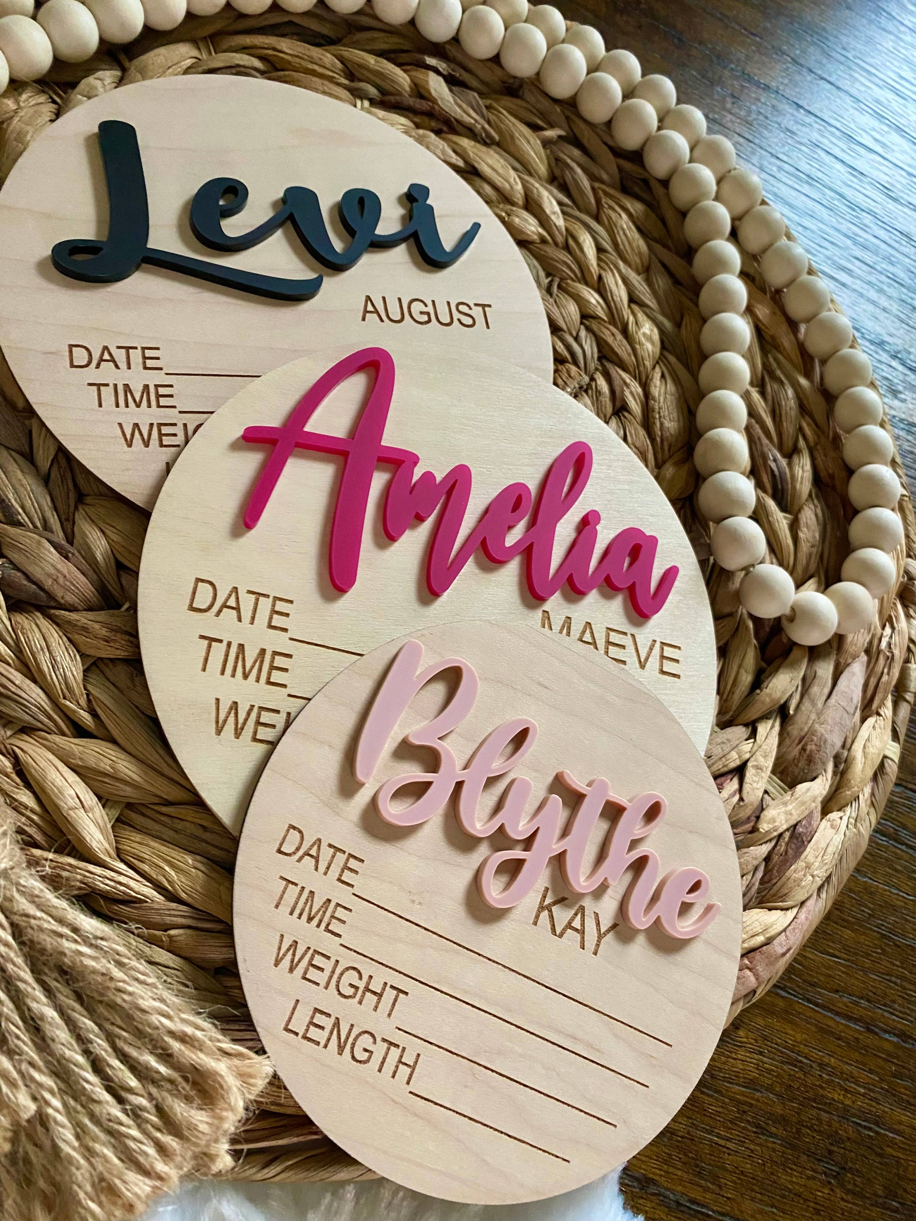 Claire and Bella - Wholesale Milestone Art/Keepsake - Kids & Baby - CUSTOM NAME Birth Stat Announcement Wood Disc - Layered 3D4