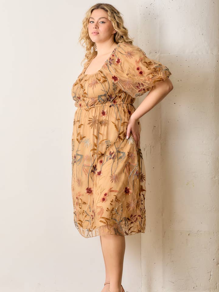 CAMEL EMBROIDERED MESH BUBBLE SLEEVE DRESS for wholesale on Faire2
