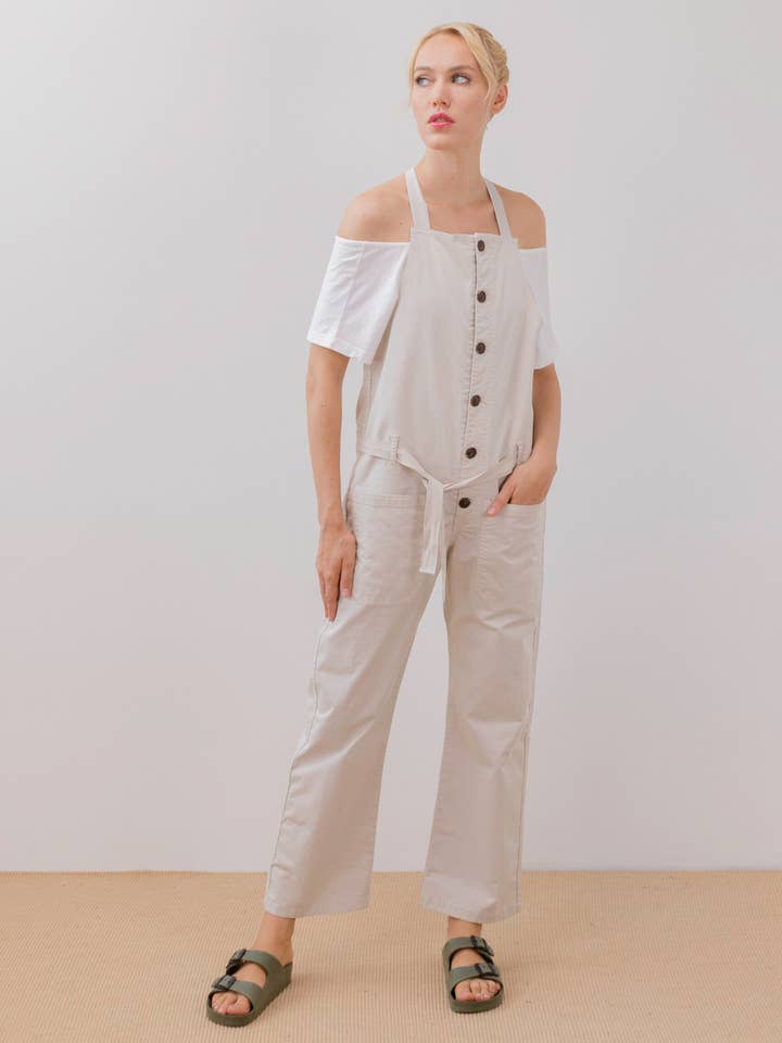 Beige halter strap jumpsuit for wholesale by PAN Producto Básico